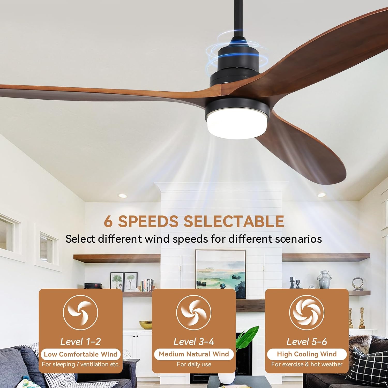 CACI Mall 60 Inch Solid Wood Ceiling Fan with Light, Outdoor for Covered Patios, Remote Control, 3 Walnut Blades, Dimmable, Noiseless, for Living Room, Gazebo, Farmhouse