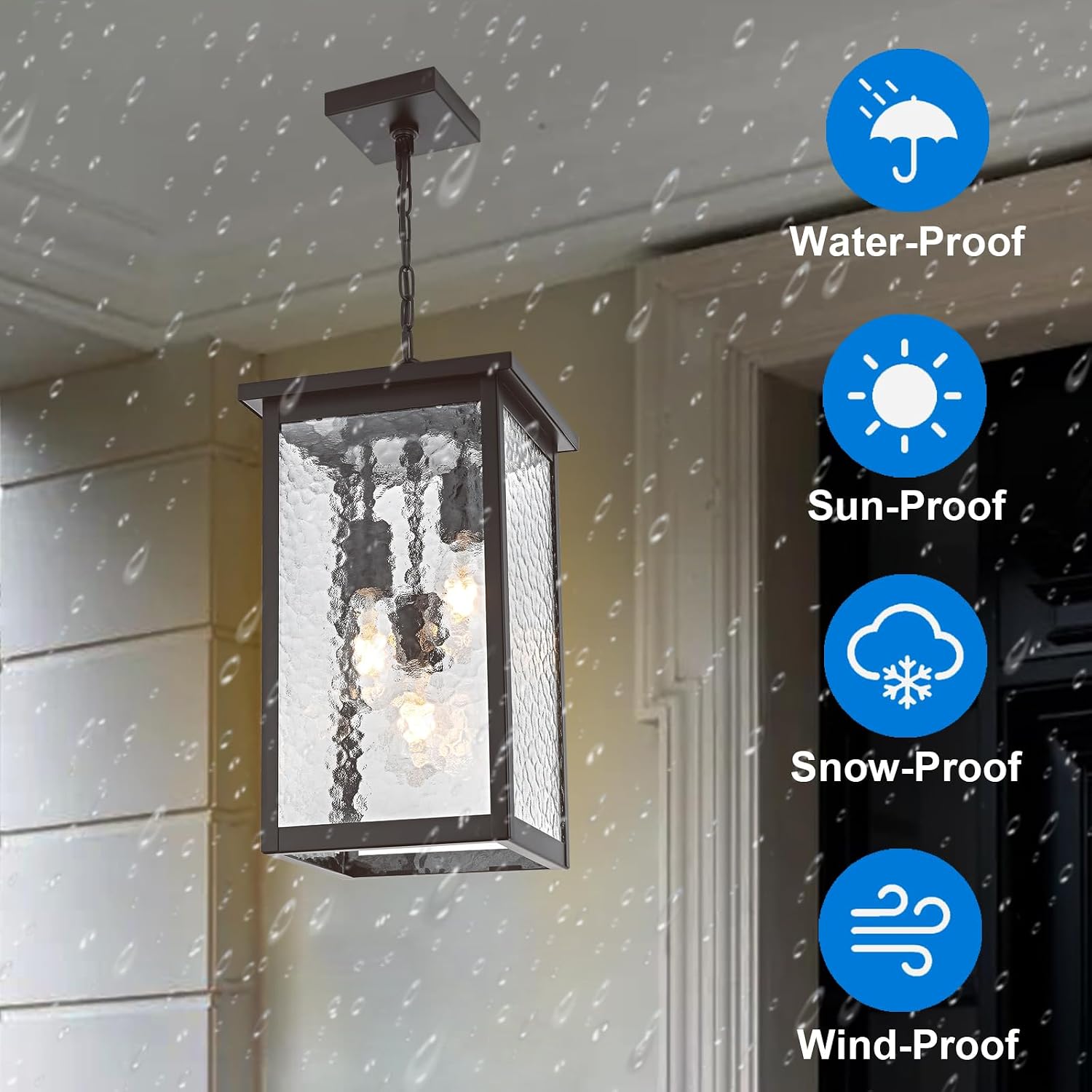 17'' Large Outdoor Indoor Pendant Light 3-Lights, Modern Oil Rubbed Bronze Exterior Hanging Porch Pendant Light with Hammer Glass, Outdoor Ceiling Lights for Front Entryway Gazebo Patio