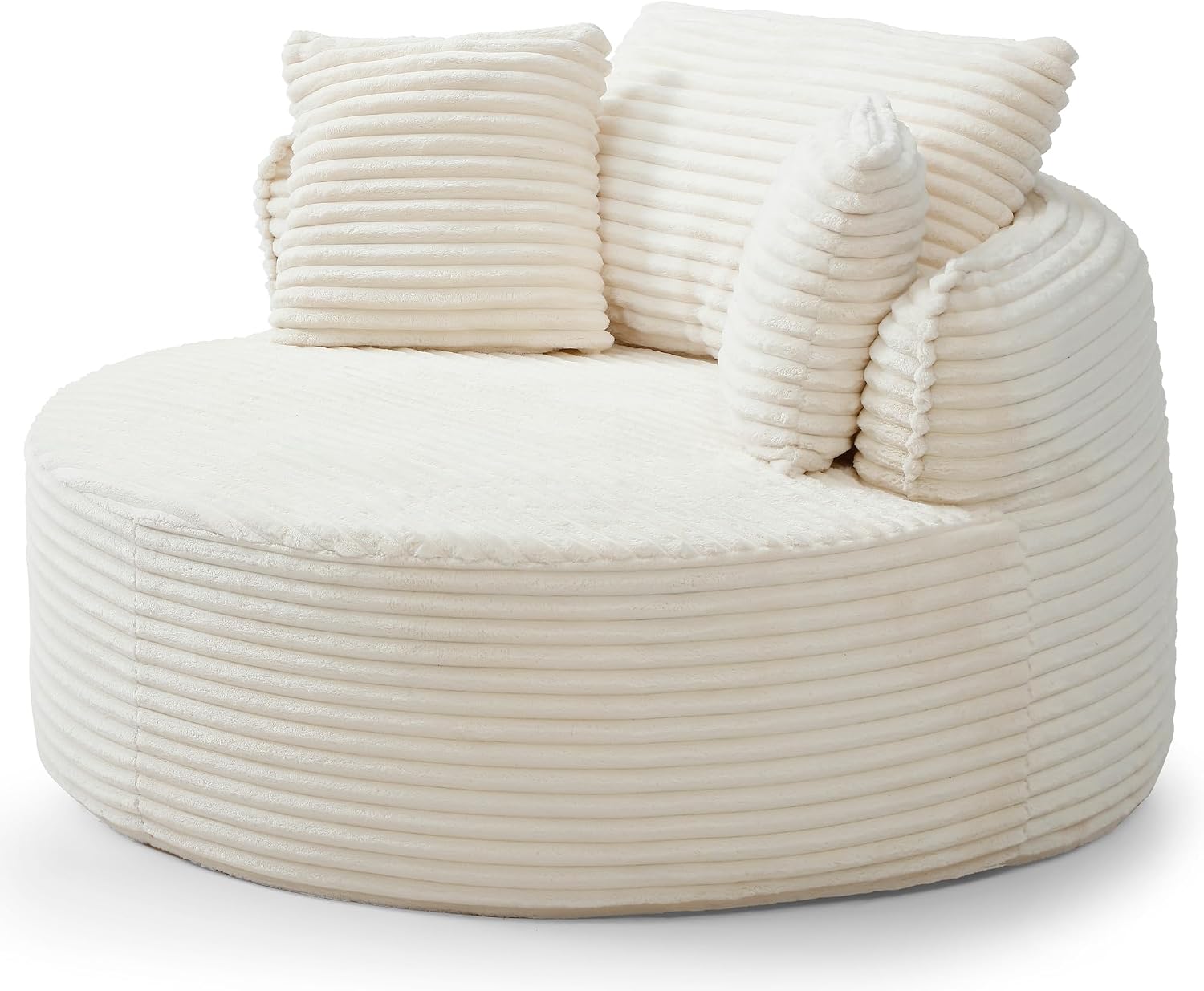 Oversized Round Chair Lounge Chaise Indoor, 53.5' Upholstered Corduroy Deep Seat Single Cloud Sofa Chair, Fluffy Modern Large Circle Boneless Sleeper Sofa for Living Room, Bedroom, Beige White