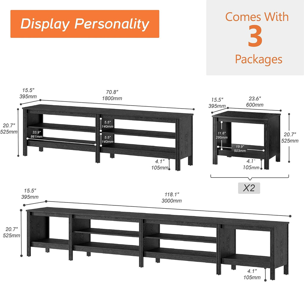 WAMPAT LED TV Stand for TVs up to 85 Inch, Black Entertainment Center for 85 90 100inch TV Console Table with 6 Cubby Storage for Living Room Bedroom