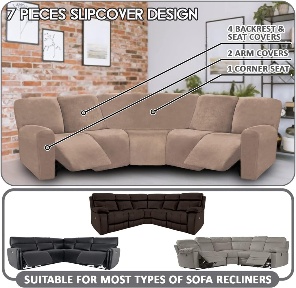 ULTICOR 7-Piece L Shape Sectional Recliner Sofa Covers, Velvet Stretch Reclining Couch Covers, Thick, Soft, Washable (Taupe, 5 Seat Recliner Cover)