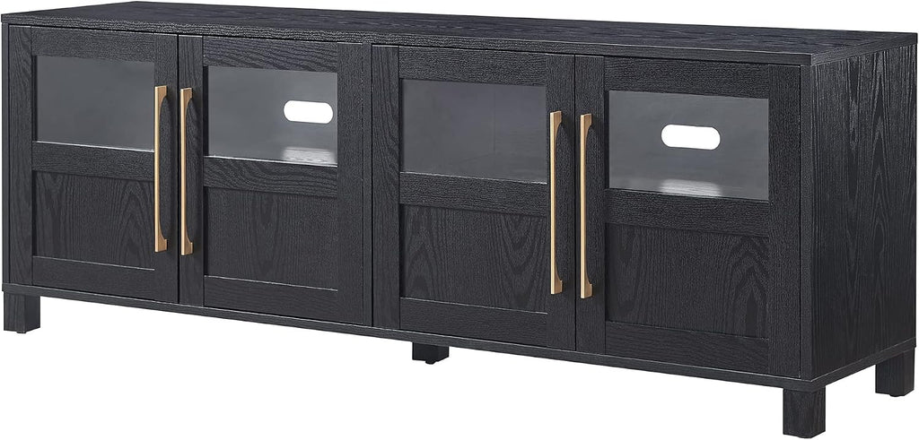 Henn&Hart TV Stand for TVs up to 75' with 2 Glass and Wood Split Panel Display Cabinets for Living Room, Family Room, or Office, Natural Black