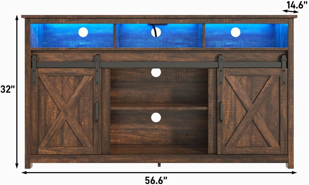LED Farmhouse TV Stand for 65 inch TVs, Rustic Entertainment Center TV Cabinet Stands with Power Outlets, Wooden Sliding Barn Door TV Media Console Table Storage and Shelves, Brown