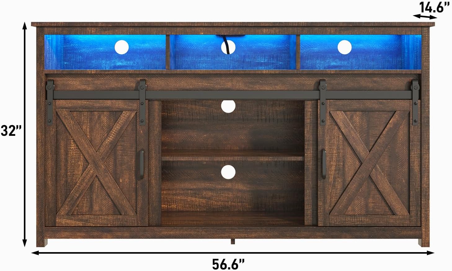 LED Farmhouse TV Stand for 65 inch TVs, Rustic Entertainment Center TV Cabinet Stands with Power Outlets, Wooden Sliding Barn Door TV Media Console Table Storage and Shelves, Brown