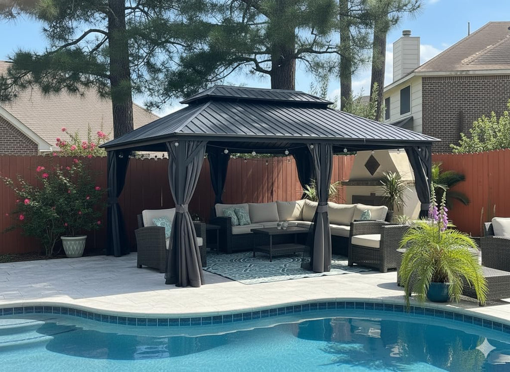 PURPLE LEAF 12'x18' Hardtop Gazebo with Lights Patio Outdoor Pavilion with Galvanized Steel Double Roof Includes Netting and Curtains for Garden Lawn Backyard Grey