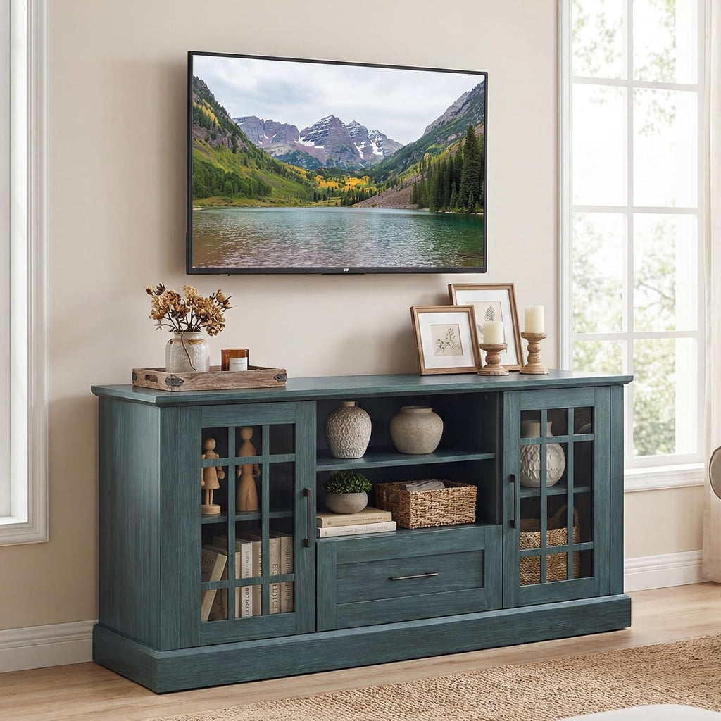 Tangkula Farmhouse TV Stand for TV up to 65 70 Inches, Tall Media Console Table with 2 Glass Storage Cabinets, 1 Drawer & 2 Open Shelves, Wooden Entertainment Center for Living Room (Vintage Green)