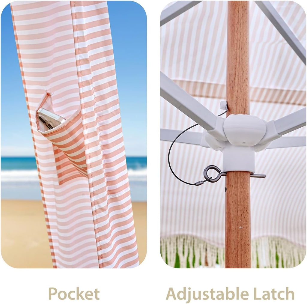 AMMSUN Beach Cabana with Fringe, 7' x 7' Boho Beach Canopy with Tassels, Easy Set up & Premium Wood Pole, Cabana Tent with Sand Pockets, Instant Sun Shade for Sand, Garden, Patio, Pink Stripes