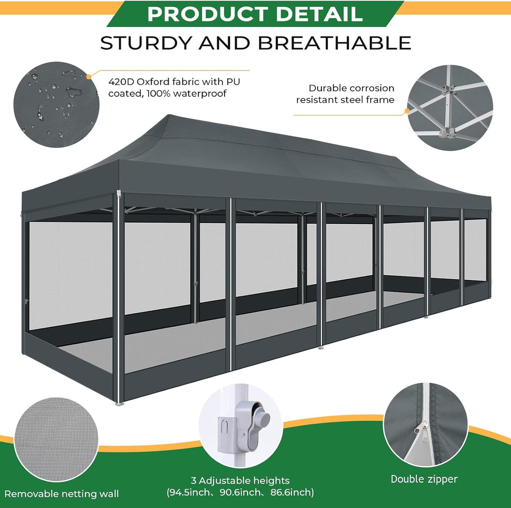 COBIZI 10x30 Heavy Duty Pop Up Canopy Tent with 8 Sidewalls, Easy Set Up Outdoor Waterproof Screen Commercial Party Tent with Mosquito Netting for Parties Backyard Patio, Roller Bag, Gray