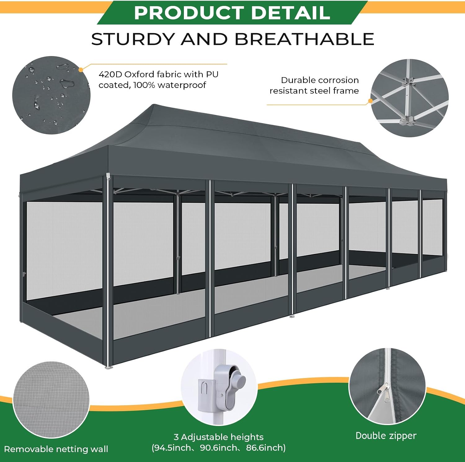 COBIZI 10x30 Heavy Duty Pop Up Canopy Tent with 8 Sidewalls, Easy Set Up Outdoor Waterproof Screen Commercial Party Tent with Mosquito Netting for Parties Backyard Patio, Roller Bag, Gray