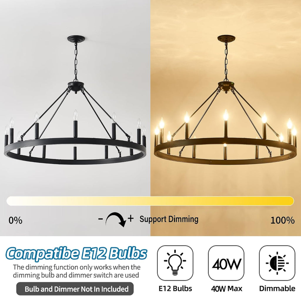 40 Inch Black Wagon Wheel Chandelier, 12-Lights Farmhouse Industrial Round High Ceiling Pendant Light Adjustable Chain for Outdoor Porch,Foyer,Dining Room, Living Room