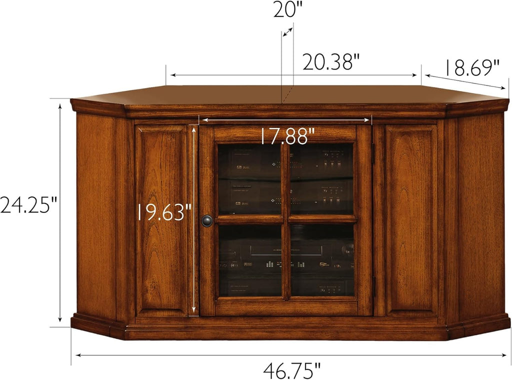 Opal Corner TV Stand for 50 Inch TVs, 46 Inch, Burnished Medium Oak, Space-Saving with Adjustable Shelf and Glass Door, Wood Entertainment Console – Leick Home, 88285
