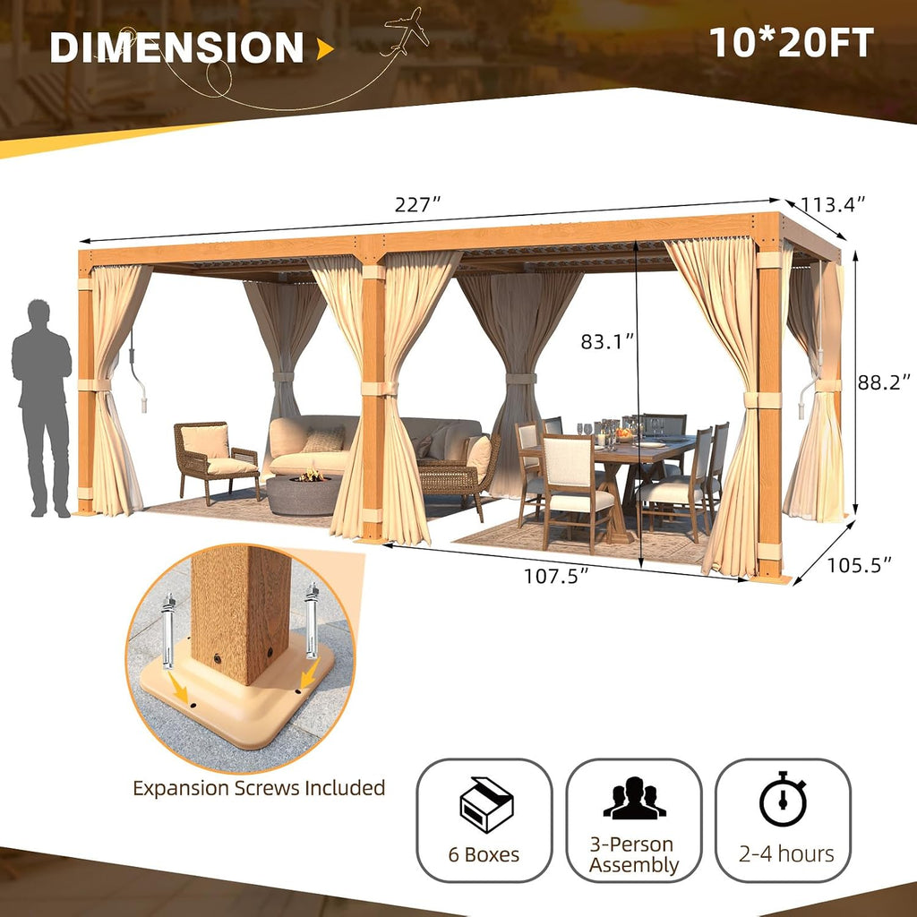 MELLCOM Louvered Pergola - 10x20, Aluminum with Adjustable Roof, Wood Grain with Waterproof Curtains and Nets