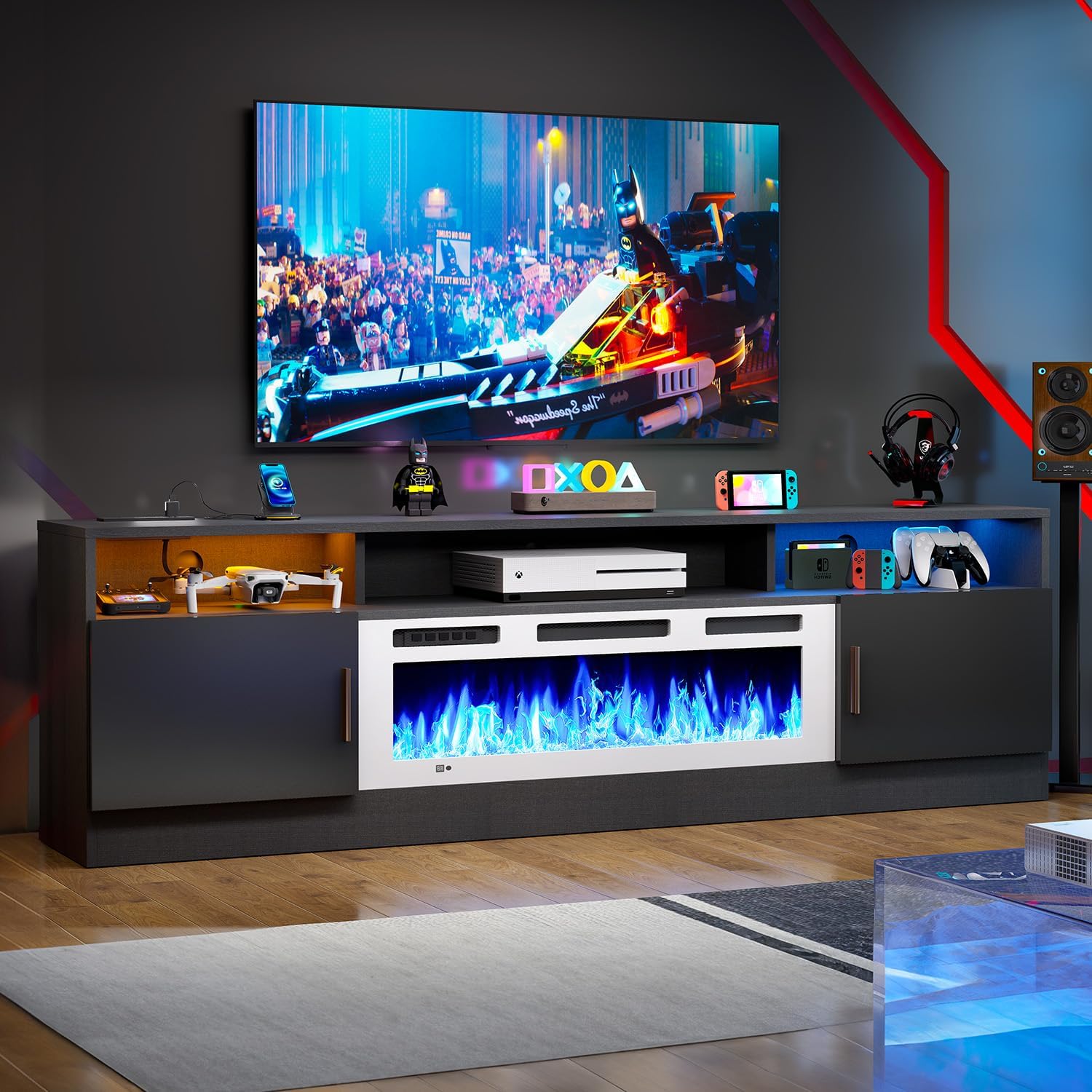 MXV 70' Fireplace TV Stand with Power Outlet for TVs UP to 80', Electric Fireplace Entertainment Center with LED Lights & Storage Cabinets, TV Console for Living Room, Office, Black-White