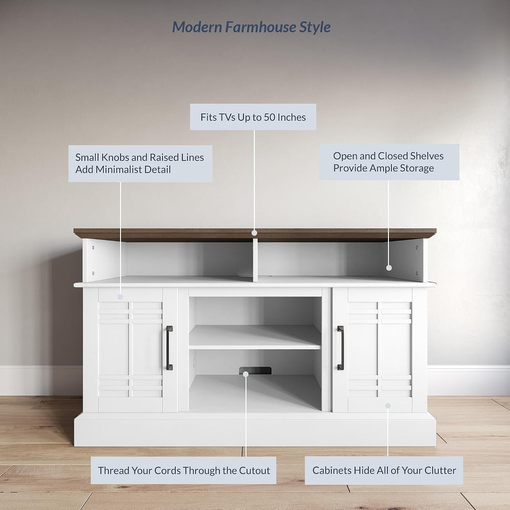 BELLEZE Modern 48' Farmhouse Wood TV Stand & Media Entertainment Center Console Table for TVs up to 50 Inch with Open Storage Shelves & Cabinets - Norrell (White)