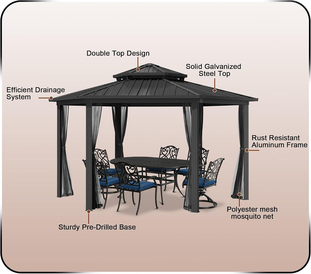 15x15FT Hexagon Hardtop Gazebo Heavy Duty Aluminum Frame Outdoor Gazebo Pergola Pavilion with Galvanized Steel Double Roof, Nettings & Ceiling Hook for Patio Backyard Deck Lawns