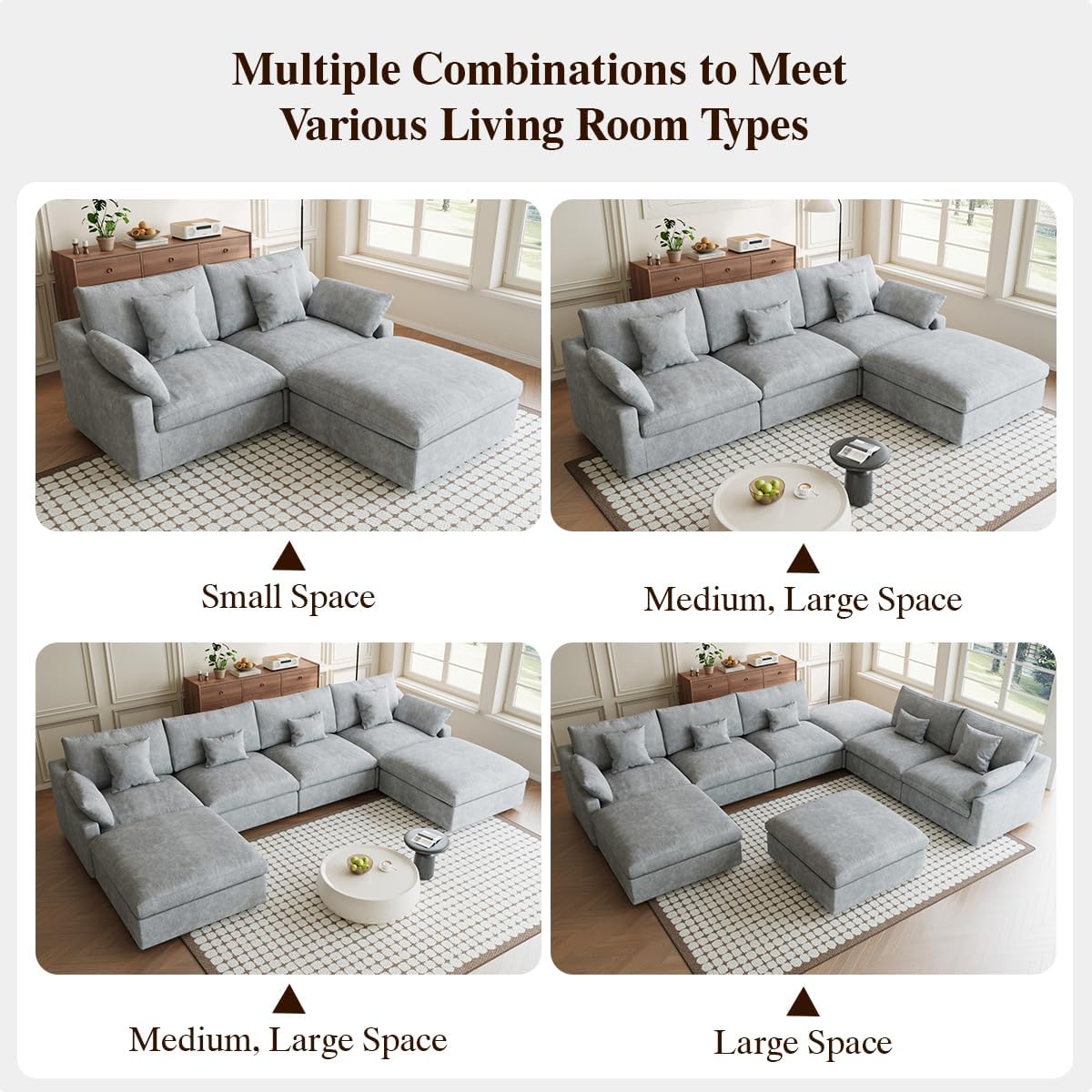 Modular Sectional Sofa Cloud Couch, 119.29' Oversized 3 Seater Sofa with Pillows, Linen Blend Fabric Minimalist Deep Seat Sofa Couches for Living Room, Sofa Covers Washable&Removable, Grey
