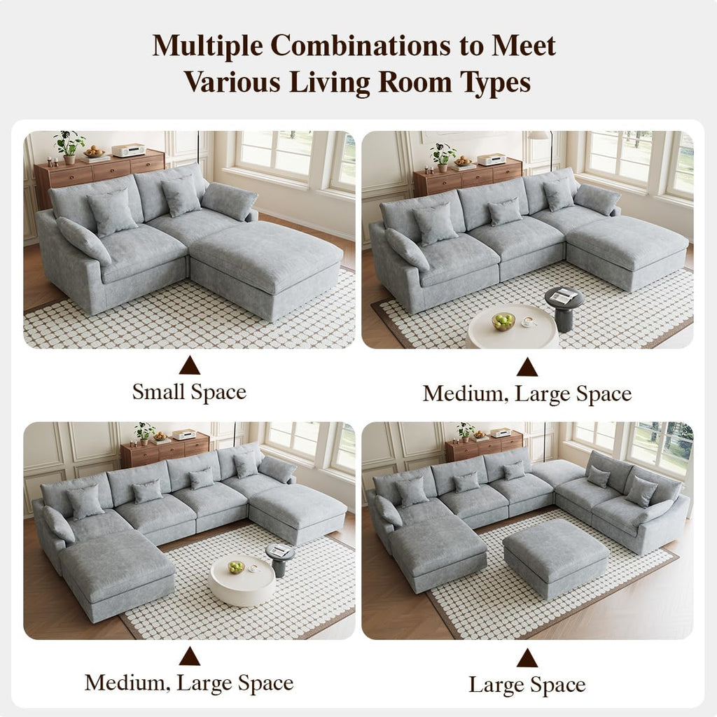 Modular Sectional Sofa Cloud Couch, 82.68' Loveseat Sofa with Chaise Ottoman, Linen Blend Fabric Minimalist Deep Seat Couches for Apartment Small Space, Sofa Covers Washable&Removable, Grey