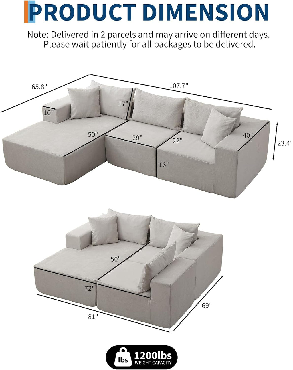 Garvee 108' Modular Sectional Sofa,Cloud Couch Sectional with Left Chaise | Compressed l Shaped Sofa for Living Room | Boneless Couch & Sofa Bed Design,No Assembly Required, Beige