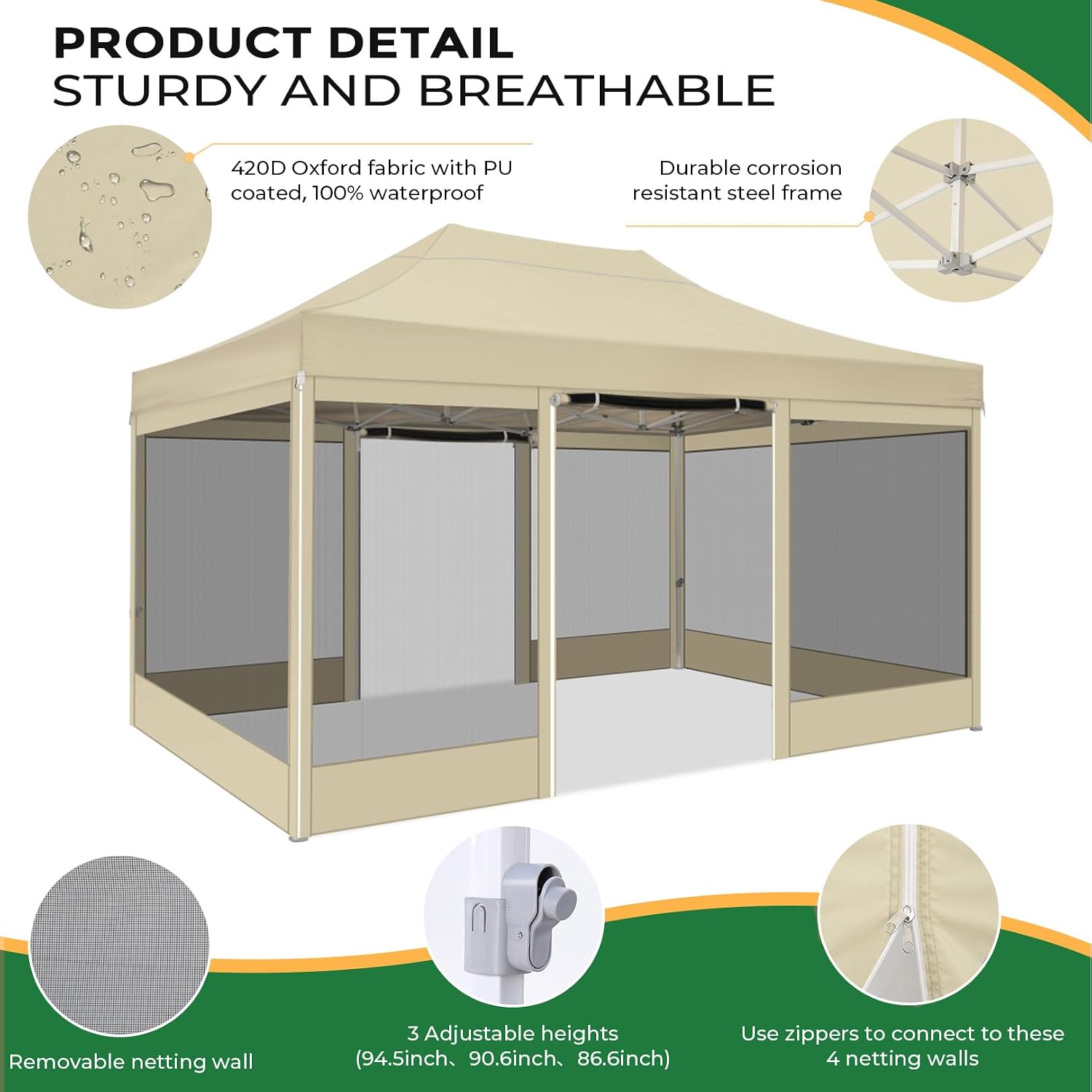 COBIZI 10x15 Heavy Duty Pop Up Canopy Tent with 4 Sidewalls, Commercial Gazebo Party Tent with Mosquito Netting Wall Easy Set Up Outdoor Instant Screen Gazebo for Backyard, Patio, Garden, Khaki