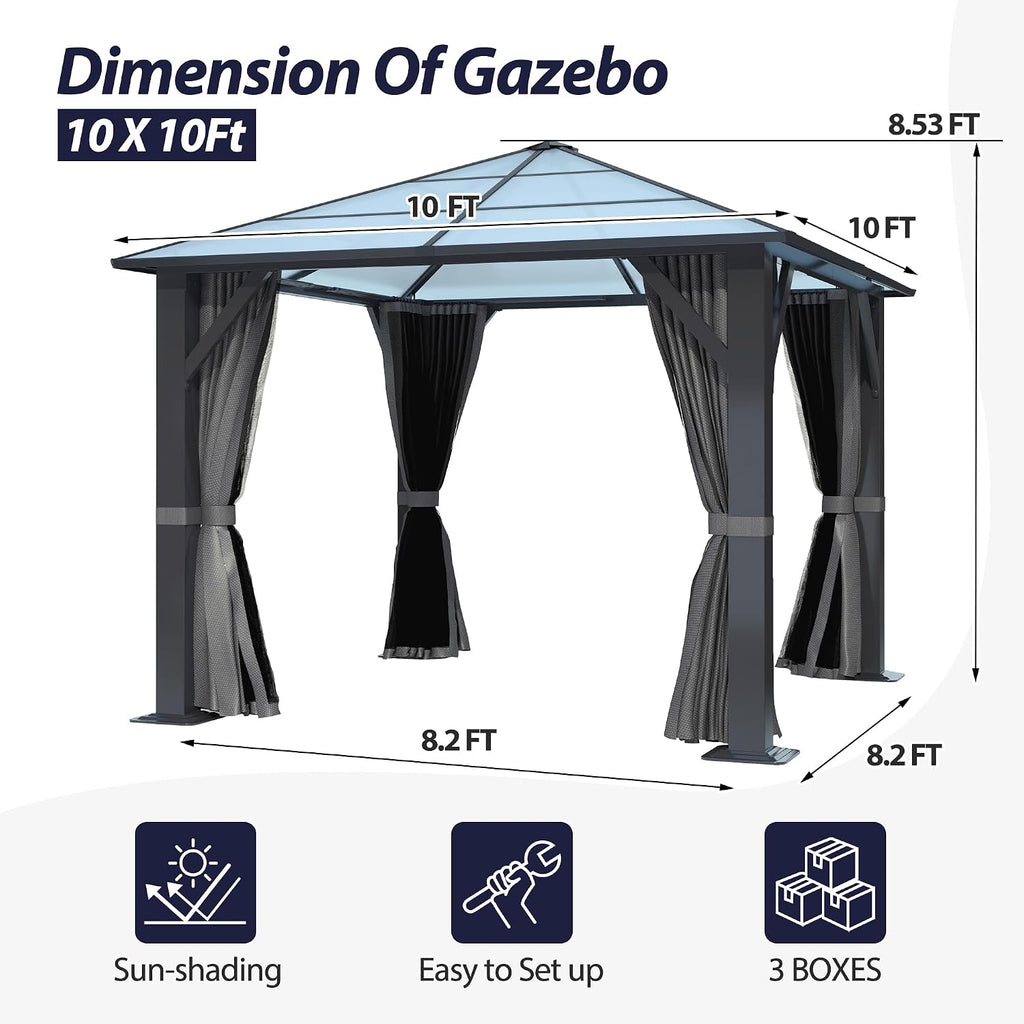 10'x10' Hardtop Gazebo, Outdoor Polycarbonate Roof Gazebo Metal Frame Permanent Pavilion with Netting & Curtains for Garden, Patio, Lawns(Grey)