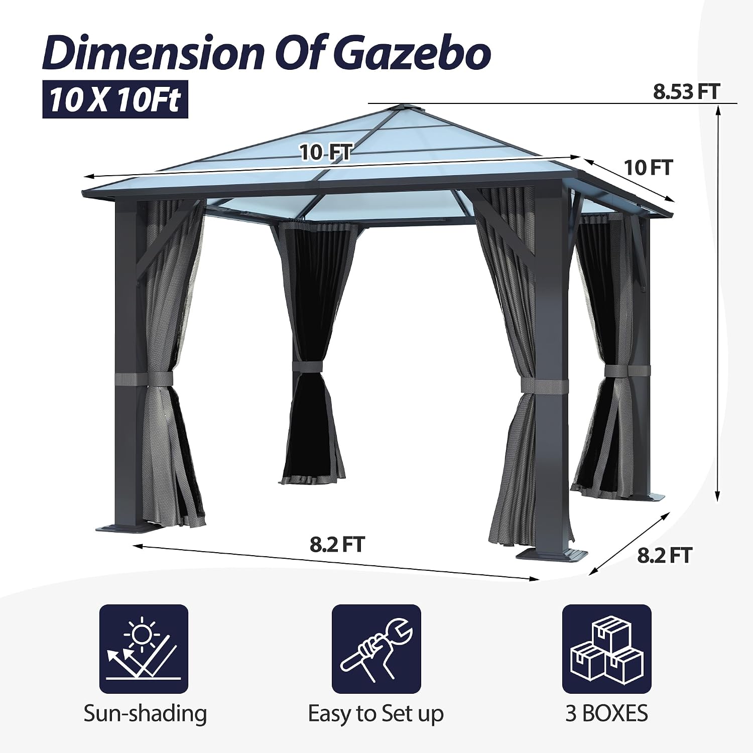 10'x10' Hardtop Gazebo, Outdoor Polycarbonate Roof Gazebo Metal Frame Permanent Pavilion with Netting & Curtains for Garden, Patio, Lawns(Grey)