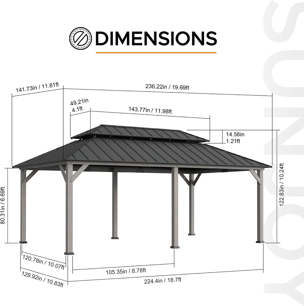Sunjoy 12 x 20 ft. Wood Gazebo, Outdoor Patio Steel Hardtop Gazebo, Cedar Framed Wooden Gazebo with 2-Tier Metal Roof, Suitable for Patios, Lawn and Backyard, Matte Black Roof + Gray Wood Frame