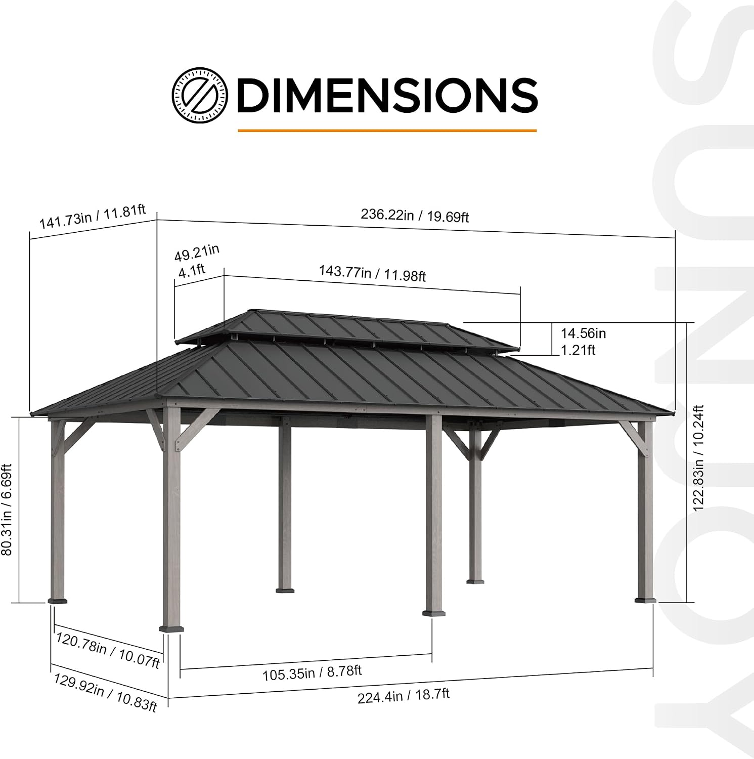 Sunjoy 12 x 20 ft. Wood Gazebo, Outdoor Patio Steel Hardtop Gazebo, Cedar Framed Wooden Gazebo with 2-Tier Metal Roof, Suitable for Patios, Lawn and Backyard, Matte Black Roof + Gray Wood Frame