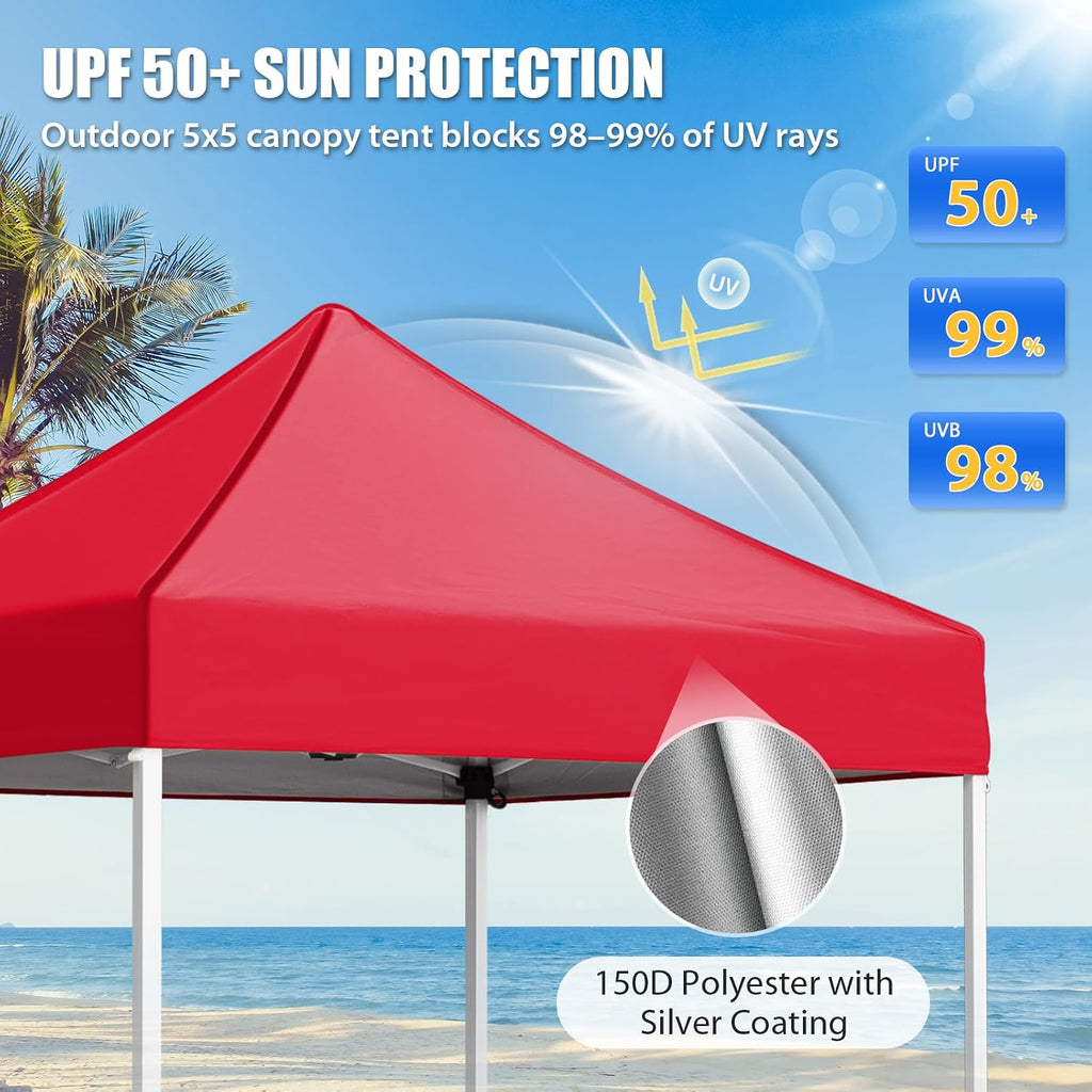 EAGLE PEAK 5x5 Pop Up Canopy Tent Instant Outdoor Canopy Easy Set-up Straight Leg Folding Shelter, Red