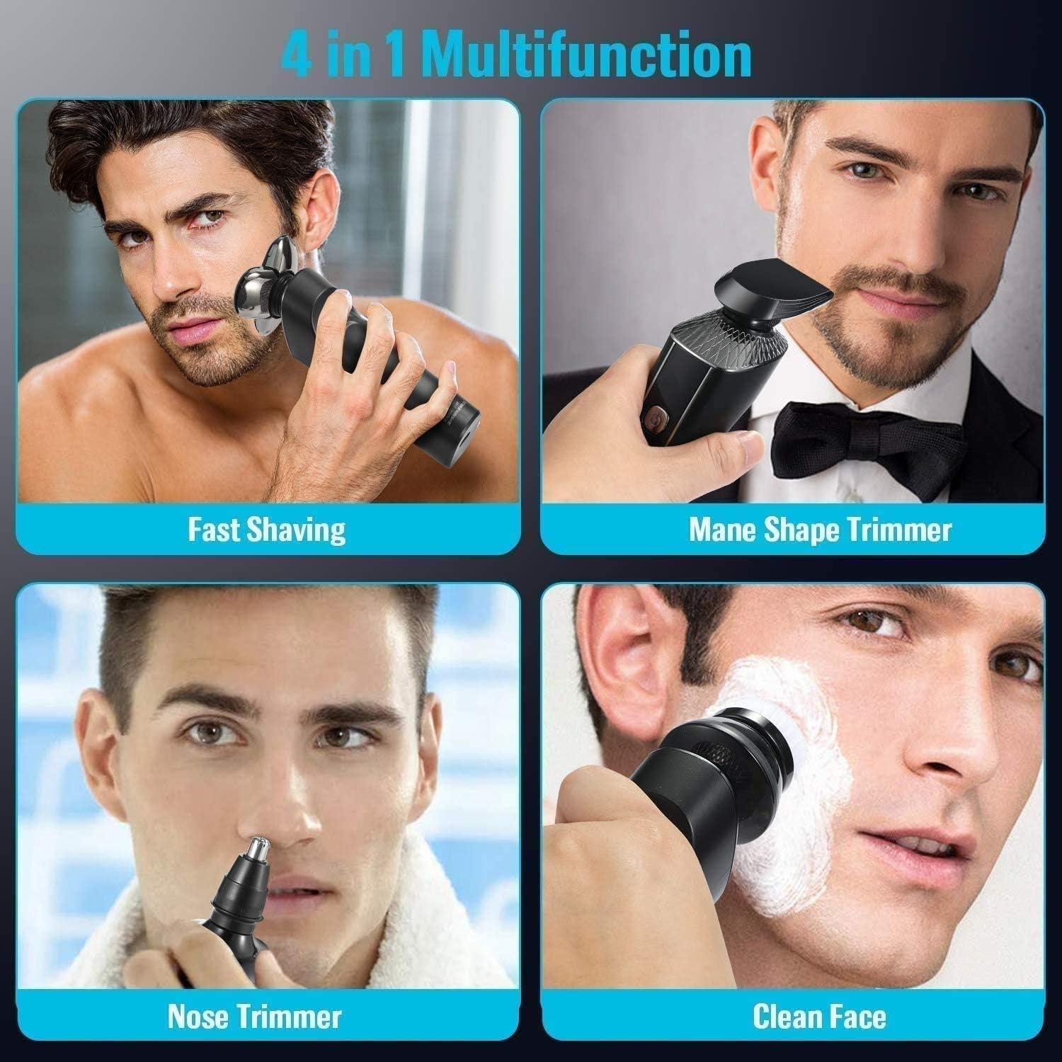 Electric Shavers for Men, Mens Electric Razor 4 in 1 Dry Wet Waterproof Face Rotary Shaver Travel Rechargeable USB Cordless with Nose Trimmer Facial Cleaning Brush for Dad Husband Man