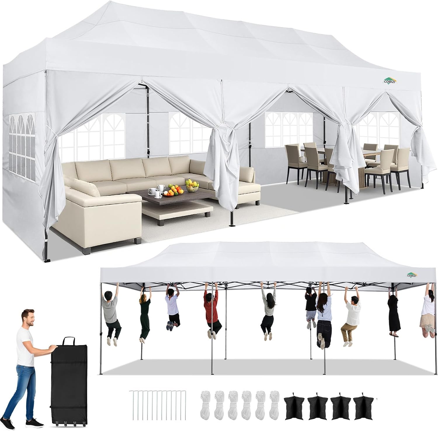 COBIZI 10x30 Heavy Duty Pop Up Canopy Tent with 8 Sidewalls Thicken Frame, Commercial Easy Up Outdoor Wedding Party Tents, All Season Waterproof Windproof with Stakes Sandbags Ropes Roller Bag, White
