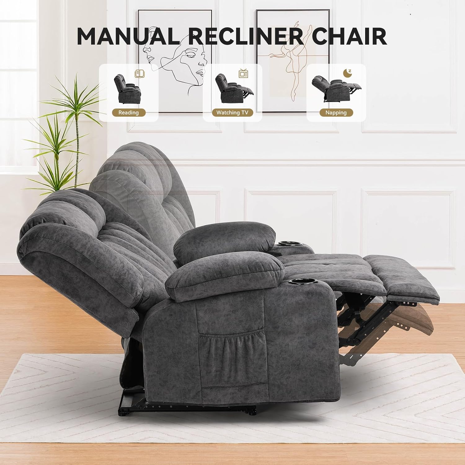 COMHOMA Manual Recliner Couch，Fabric Reclining Sofa Chair with Cup Holders, Upholstered ReclinerChair Set with Side Pockets Suitable for Living Room Furniture (2)