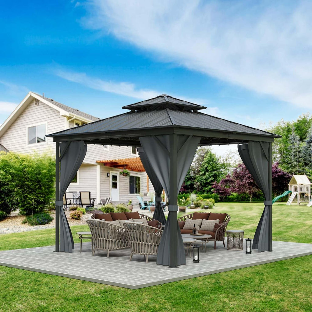 GarveeLife 12x12 ft Hardtop Gazebo, Galvanized Steel Metal Double Roof Aluminum Gazebo with Curtain and Netting, Brown Permanent Pavilion Double Roof Canopy for Patio, Lawn & Garden (12 * 12 ft)