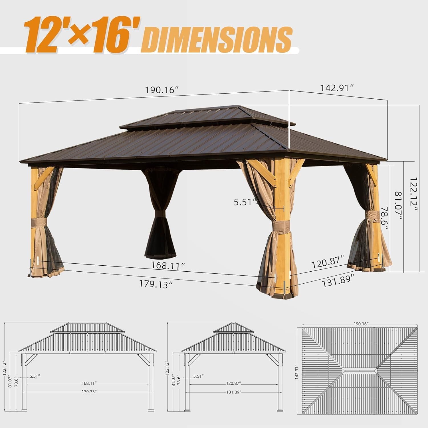 12x16FT Wood Gazebo, Solid Wood Hardtop Gazebo with Galvanized Steel Double Roof, Netting Curtains, Outdoor Gazebo for Patio, Backyard, Deck, Lawns