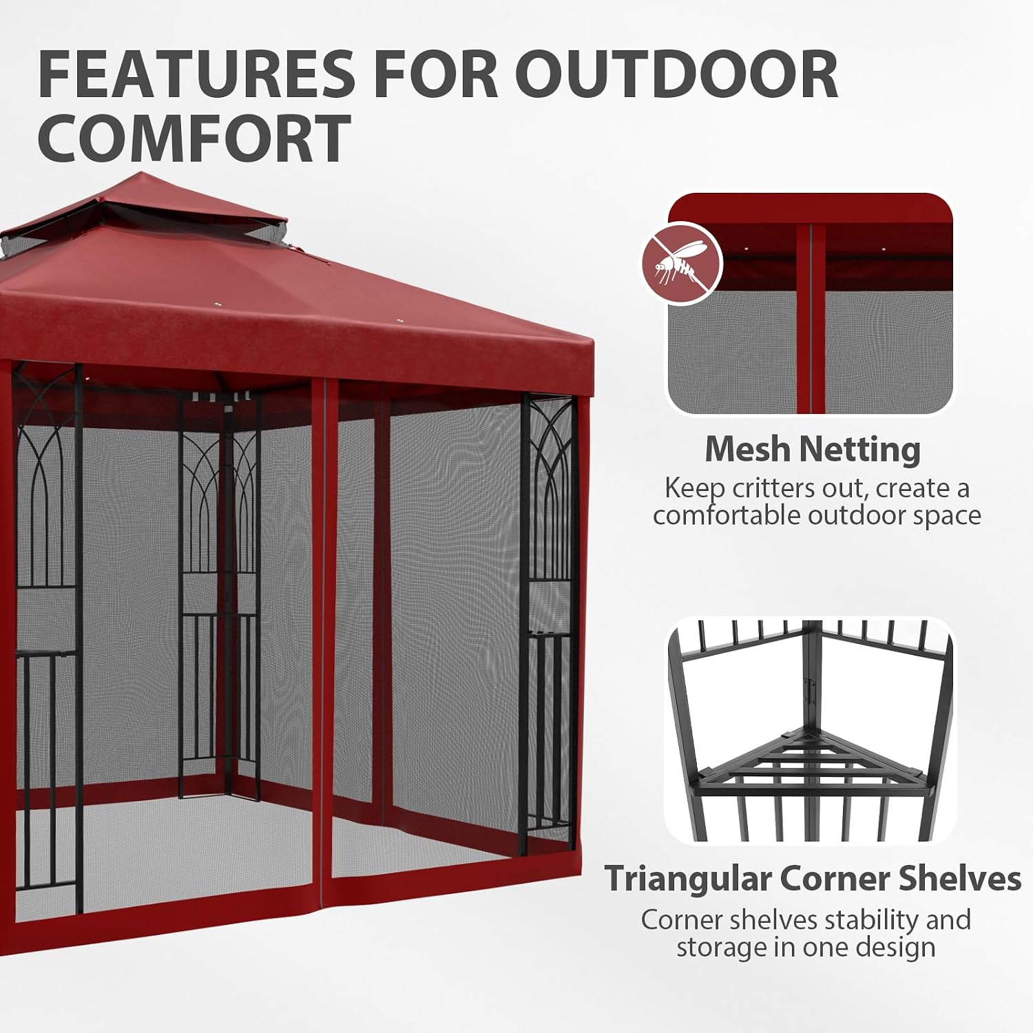 EAGLE PEAK 8x8 Patio Gazebo with Mesh Netting, Double Roof Outdoor Pavilion with Corner Shelves for Lawn, Deck, Garden and Backyard, Red