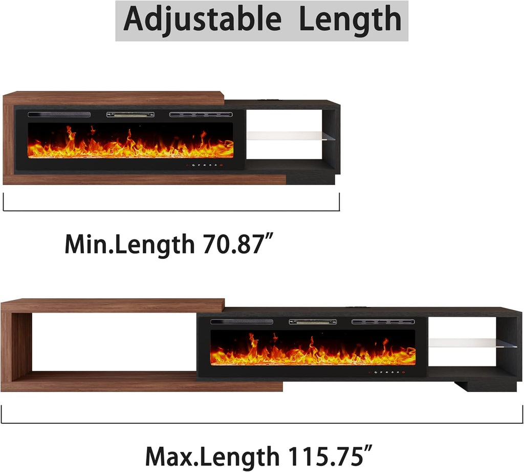 Extendable TV Stand with 50' Electric Fireplace, 71'-116' Long TV Console for Up to 120 Inch TV, Modern LED Entertainment Center with Glass Shelf for Living Room Bedroom, Black & Walnut