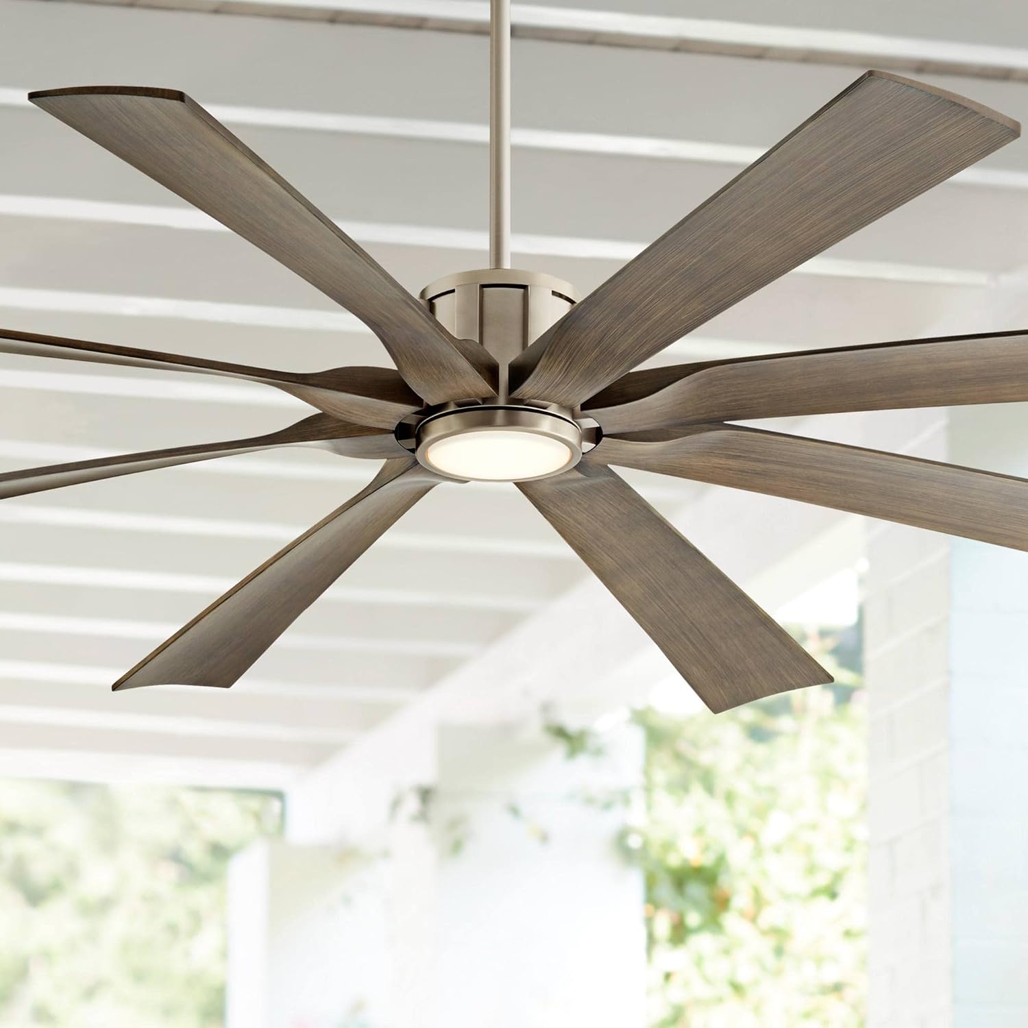 Possini Euro Design 70' Defender Modern Large Outdoor Ceiling Fan with LED Light Remote Control Brushed Nickel Weathered Oak Blades Dimmable Damp Rated for Patio Exterior Roof Porch Gazebo Barn