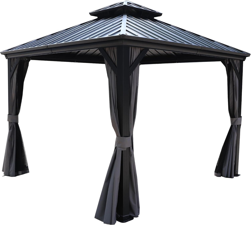 Kozyard Caesar 10'x10' Hardtop Gazebo - Permanent Metal Pavilion with Netting and Shaded Curtains for Patio Backyard Deck - Galvanized Steel Outdoor Aluminum Canopy, Double Roof Gazebo (Dark Gray)