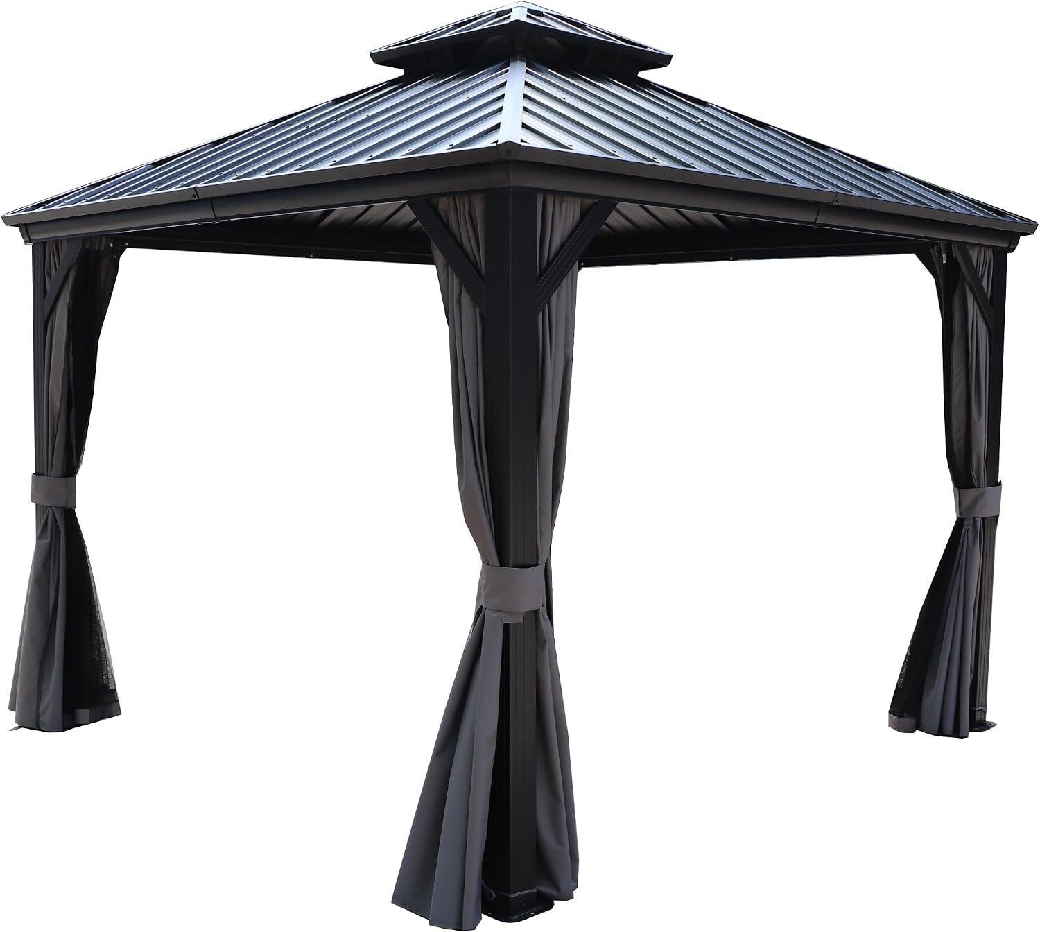Kozyard Caesar 10'x10' Hardtop Gazebo - Permanent Metal Pavilion with Netting and Shaded Curtains for Patio Backyard Deck - Galvanized Steel Outdoor Aluminum Canopy, Double Roof Gazebo (Dark Gray)