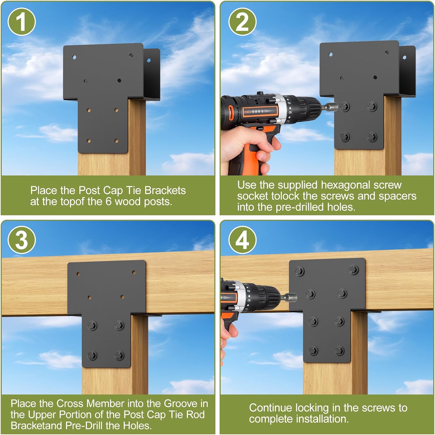 4x4 Post Caps Tie Brackets (Actual 3.5'x3.5') -8 Pack Heavy Duty Galvanized Steels Pergola Connector Brackets for Wood Posts, Gazebo & Deck Beams (Black)