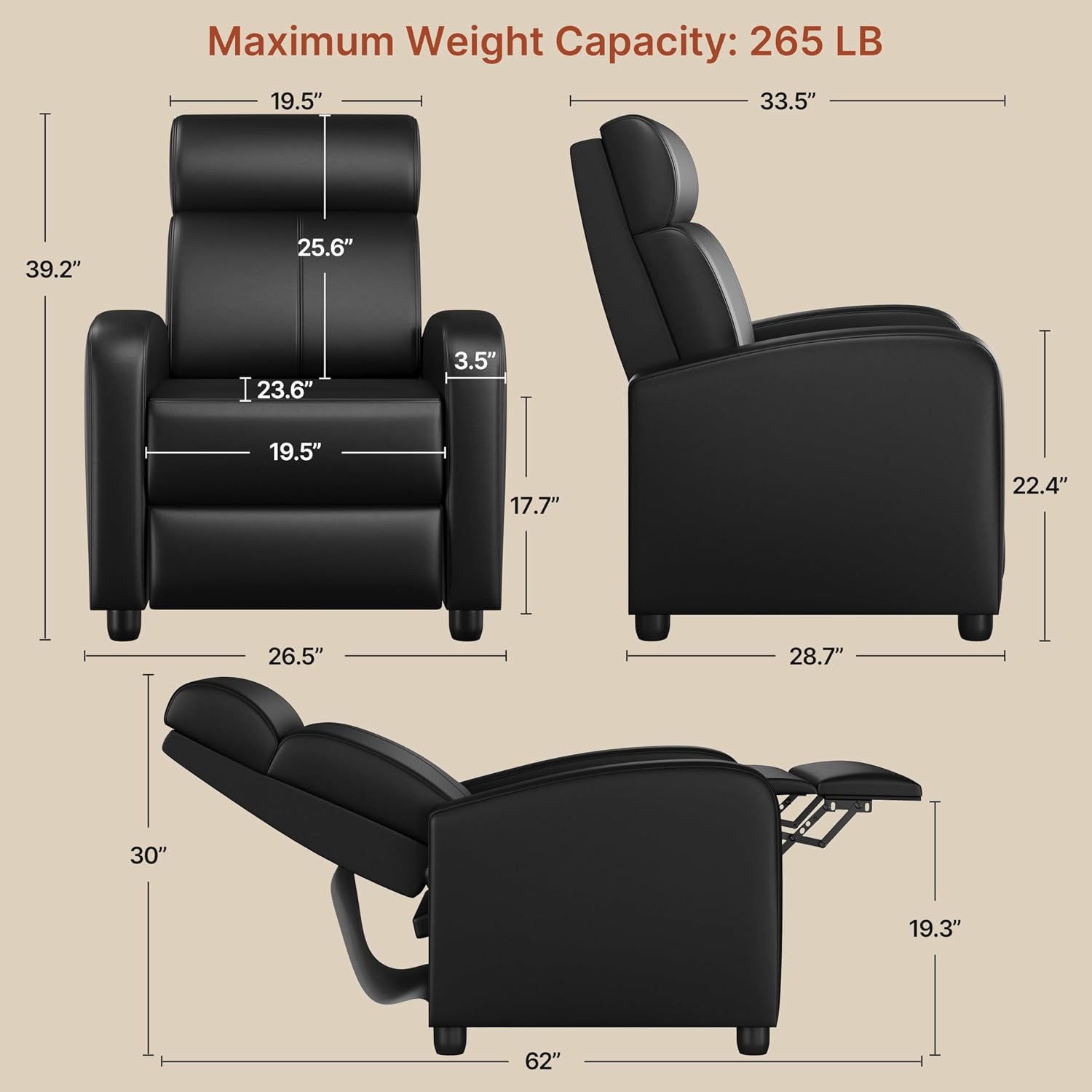 Yaheetech 2-Seat Reclining Chair Leather Recliner Sofa Modern Chaise Couch Lounger Sofa for Living Room Home Theater Black