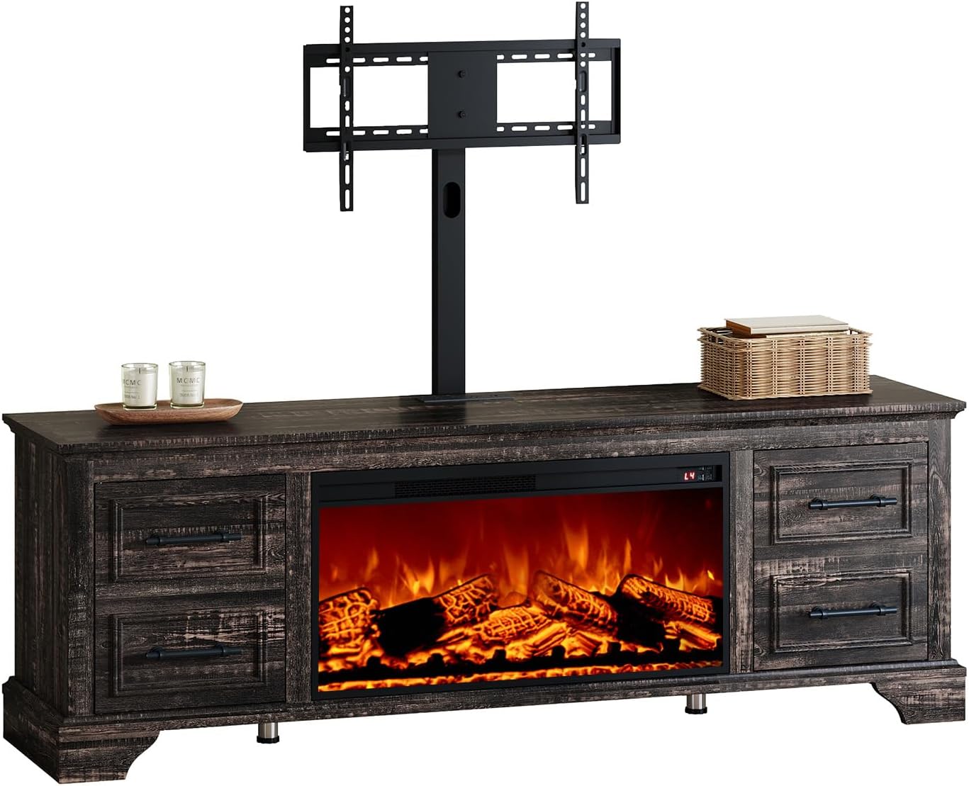 AMERLIFE 70' Fireplace TV Stand with Mount, Farmhouse Entertainment Center with 30' Electric Fireplace & Power Outlets for 32 to 70 inch TVs, Black Oak