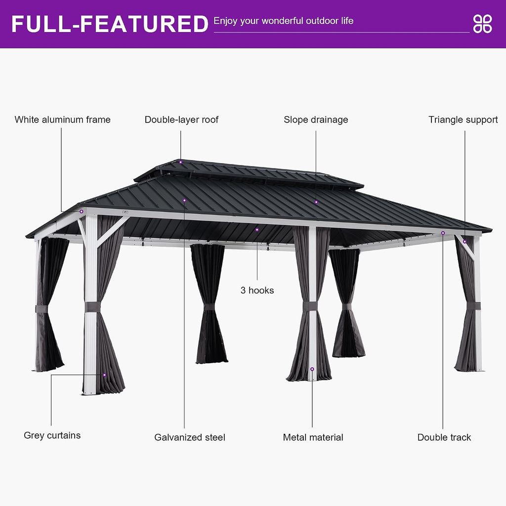 PURPLE LEAF 12' X 20' Outdoor Gazebo Galvanized Steel Double Roof White Aluminum Frame Hardtop Heavy Duty Gazebo with Curtain and Netting for Patio Garden and Backyard, Grey
