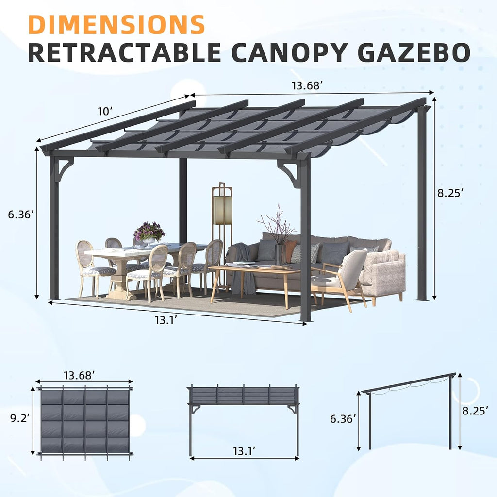 AECOJOY Retractable 10' x 14' Gazebo Pergola for Patio, Adjustable Sun Shade Canopy Roof, Small Wall-Mounted Lean to Outdoor Pergolas and Gazebos Clearance, Metal Awnings for Decks, Patio