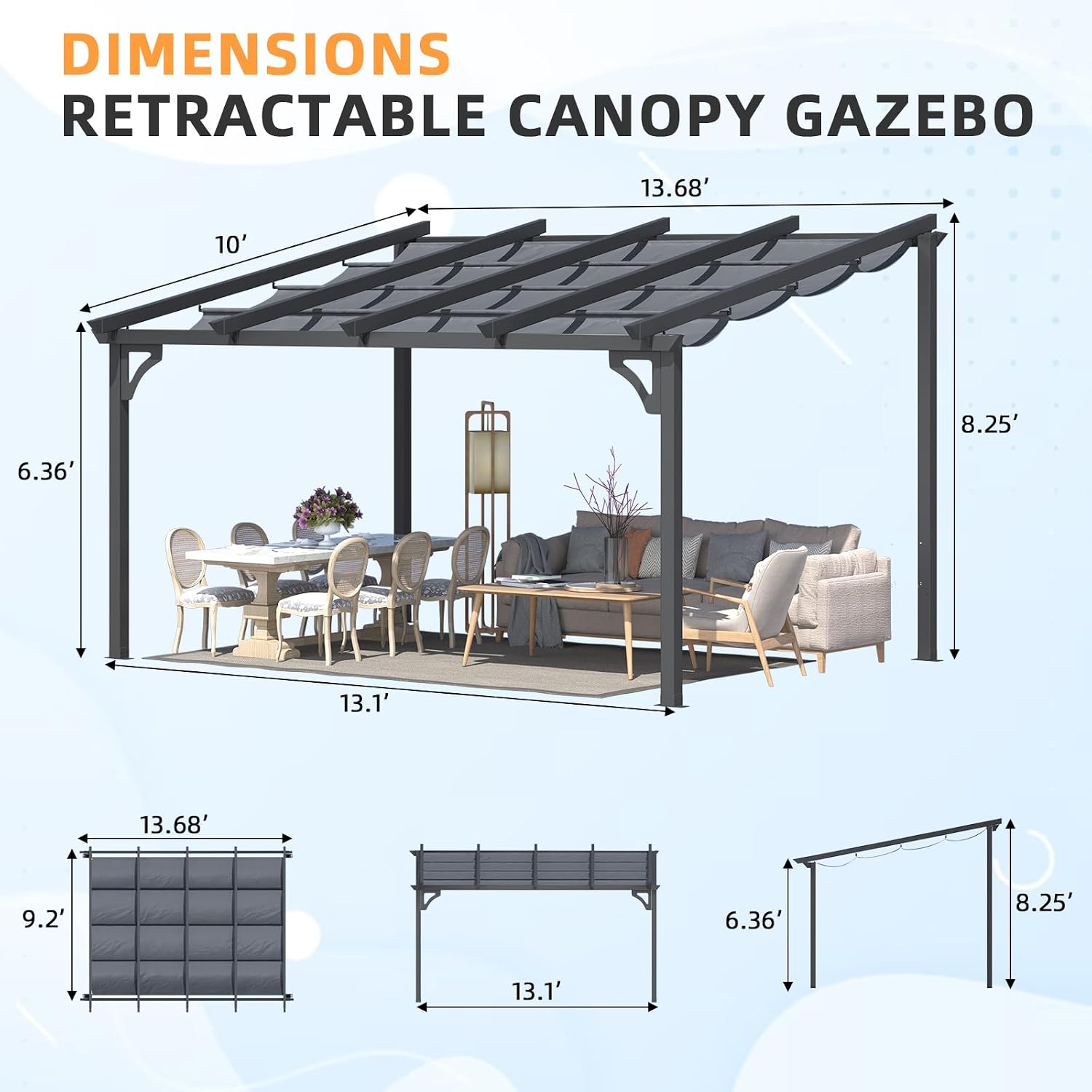 AECOJOY Retractable 10' x 14' Gazebo Pergola for Patio, Adjustable Sun Shade Canopy Roof, Small Wall-Mounted Lean to Outdoor Pergolas and Gazebos Clearance, Metal Awnings for Decks, Patio
