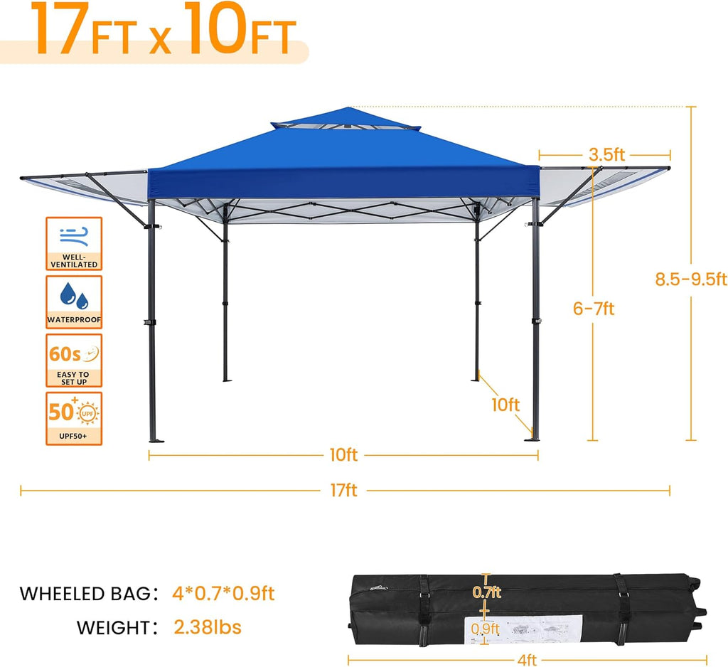 Topeakmart 10x17 Pop-up Gazebo Canopy 2-Tiered with Tilt Angle-Adjustable Double Awnings, Single-Person Setup Instant Canopy, Perfect for 12-18 People