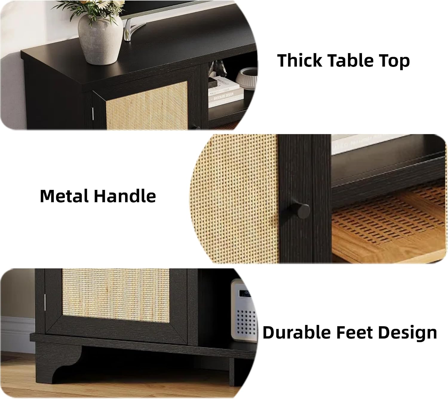 GarveeHome Rattan TV Stand for Living Room, Boho Entertainment Center for 55, 65 in TV, TV Console Cabinet with Storage Shelf, Black