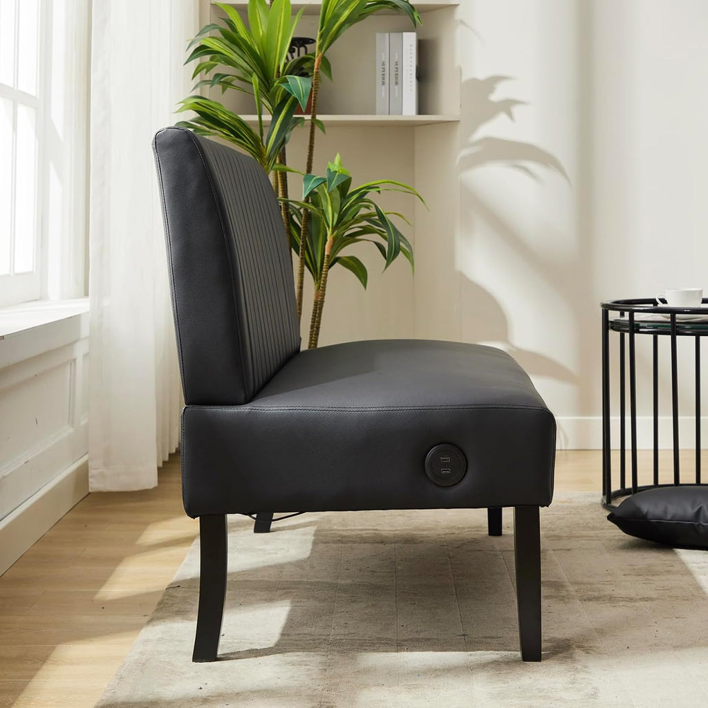STHOUYN 43' W Mini Small Black Leather Couch Armless Loveseat Sofa for Bedroom with USB Port, Small Couches for SmallSpaces Living Room, Apartment Office Dorm (Black)