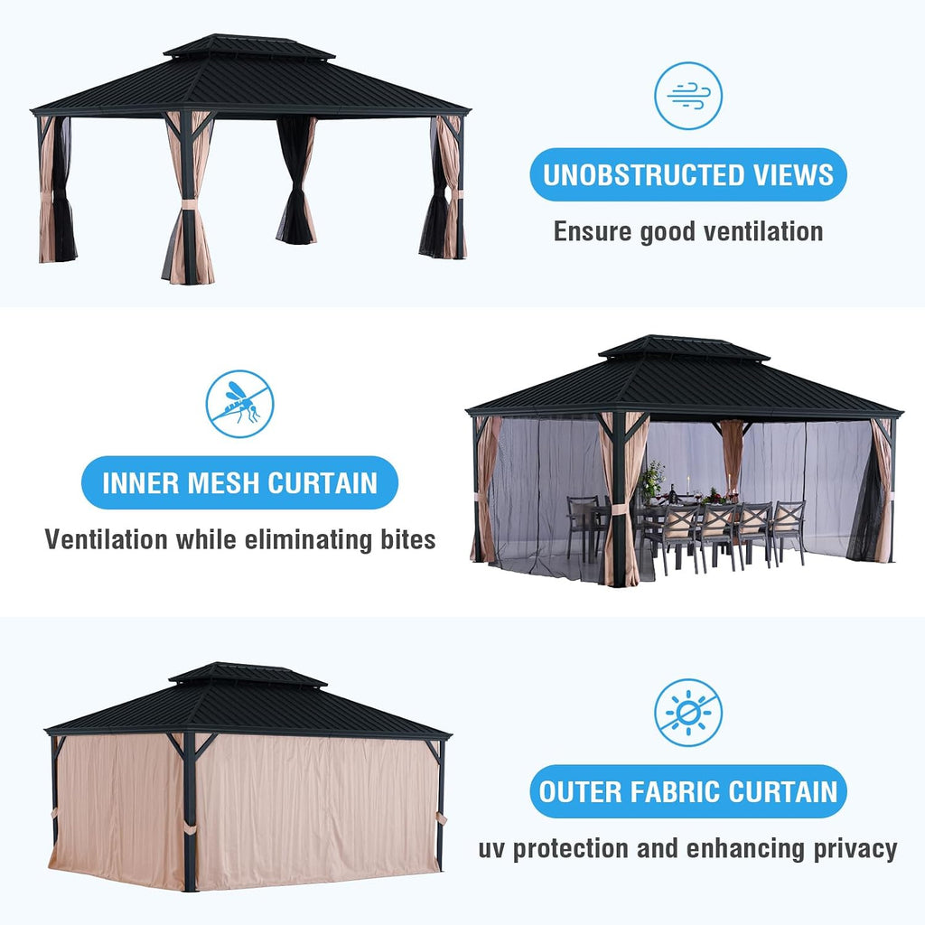LeDoasis Blazar 12' X 16' Hardtop Gazebo with Nettings and Curtains, Outdoor Gazebo for Patio Lawn and Garden, Vertical Stripes Galvanized Steel Double Roof Canopy