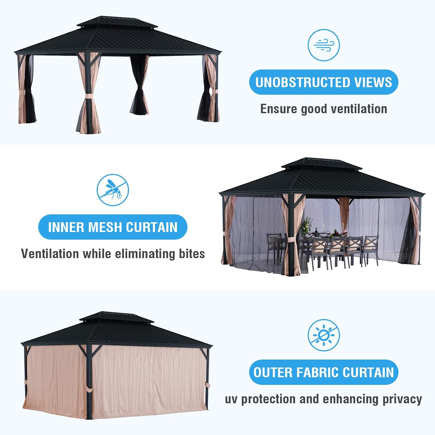 LeDoasis Blazar 12' X 16' Hardtop Gazebo with Nettings and Curtains, Outdoor Gazebo for Patio Lawn and Garden, Vertical Stripes Galvanized Steel Double Roof Canopy