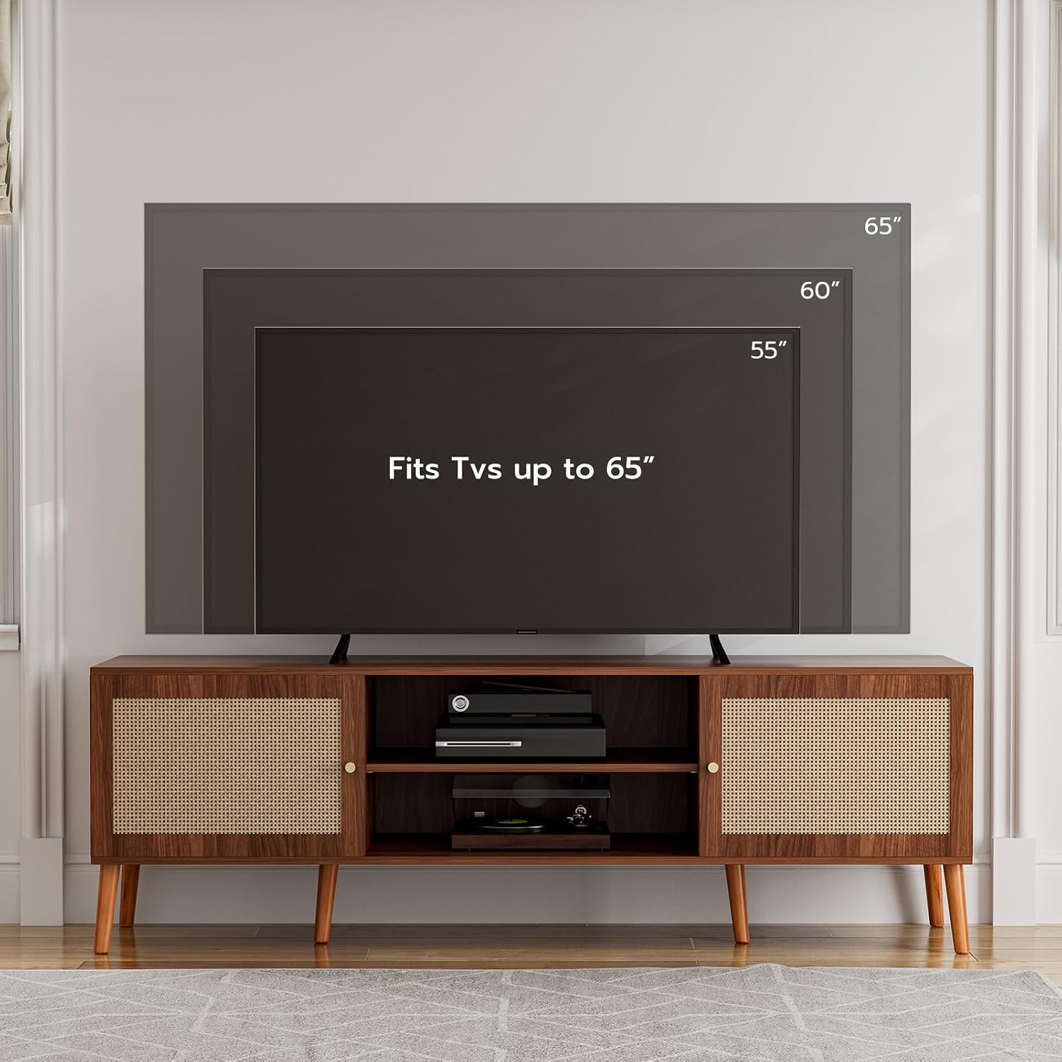 ZttRiee TV Stand for TVs up to 65'', Entertainment Center With Rattan Door, Shelves & 2 Cabinets, Long Boho Media Console for Living Room, Walnut